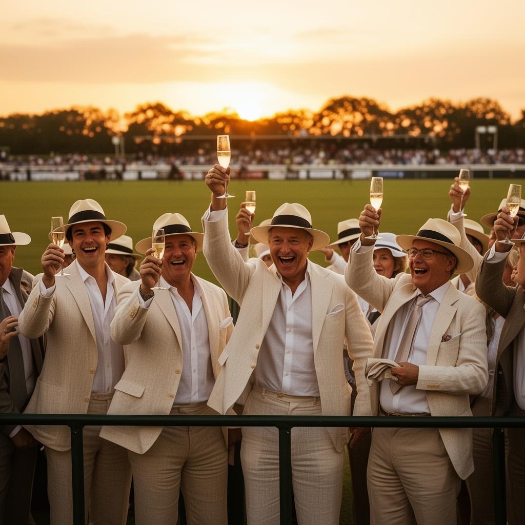 Members in linen attire at sunset